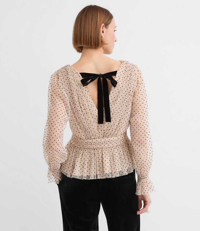 Petite Velvet Dot Tulle Tie Back Peplum Blouse