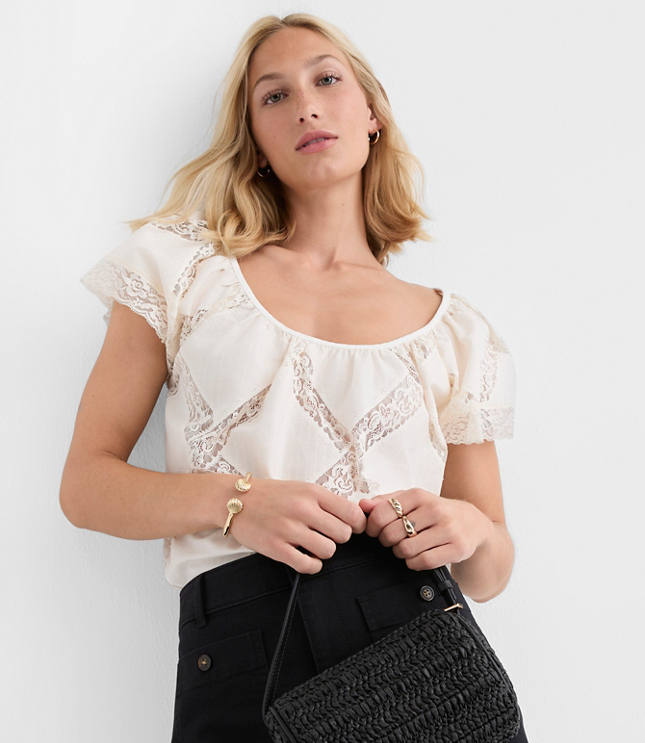 Lace Lattice Flutter Sleeve Blouse