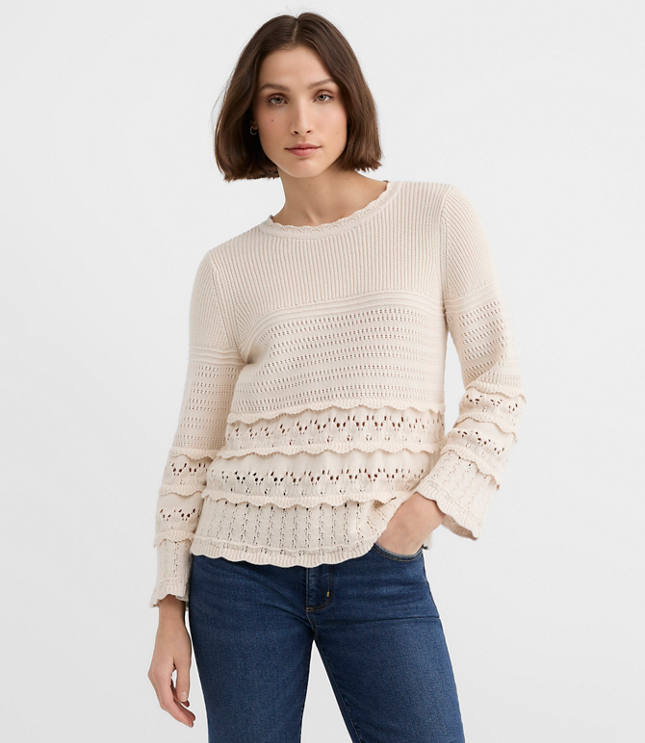 Scalloped Pointelle Flare Sleeve Sweater