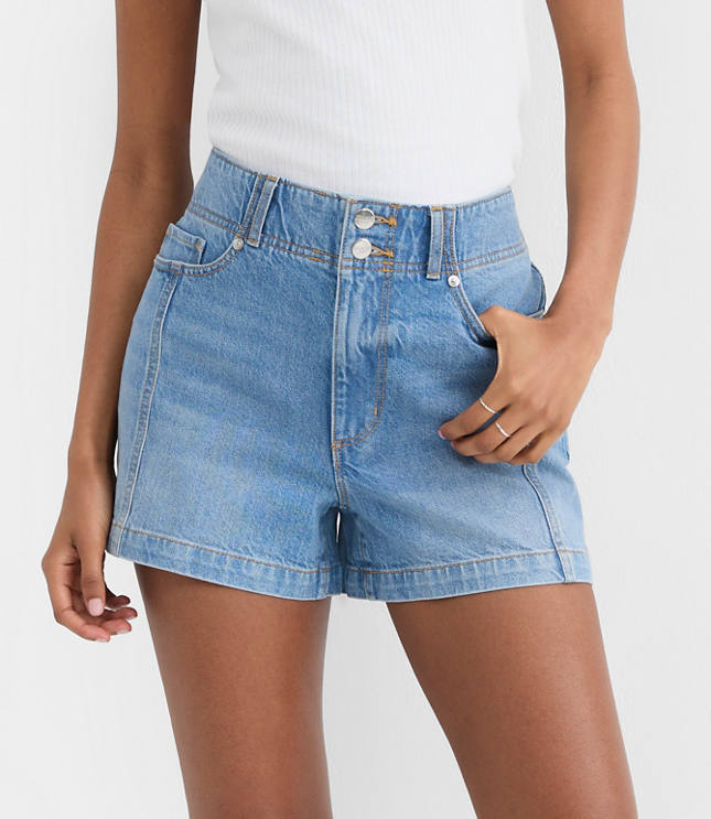 Rivete Seamed High Rise Denim Shorts in Mid Wash