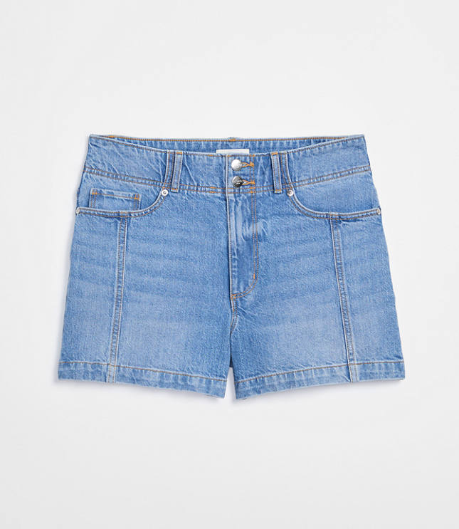 Rivete Seamed High Rise Denim Shorts in Mid Wash