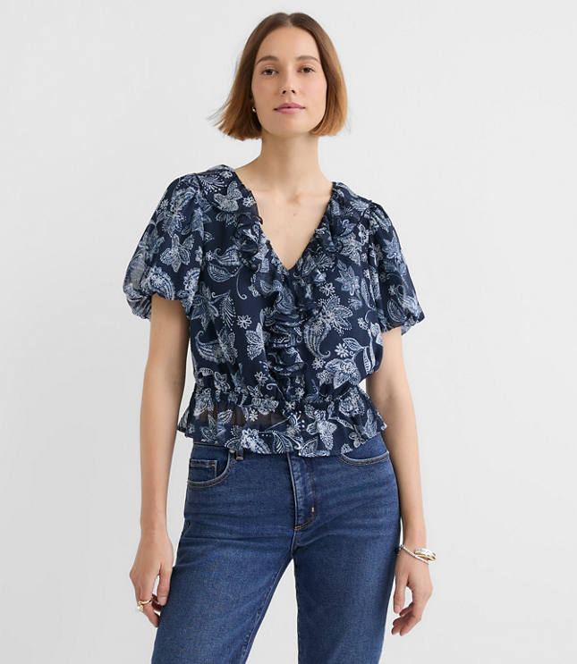Paisley Ruffle V-Neck Blouse