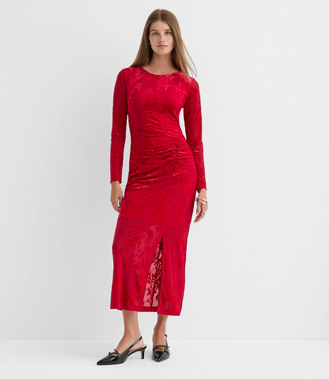 Petite Floral Velvet Ruched Midi Dress
