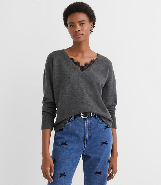 Lace Trim V-Neck Relaxed Everyday Sweater