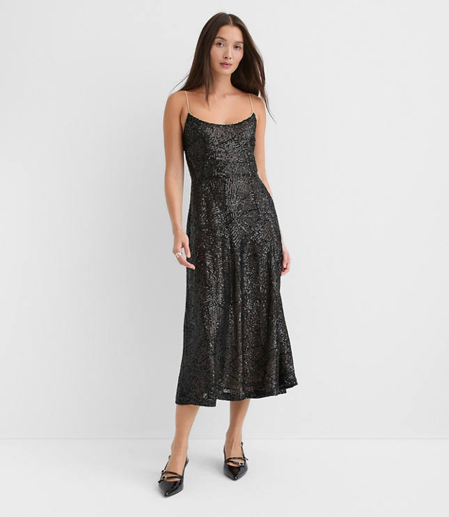 Petite Sequin Strappy Midi Dress