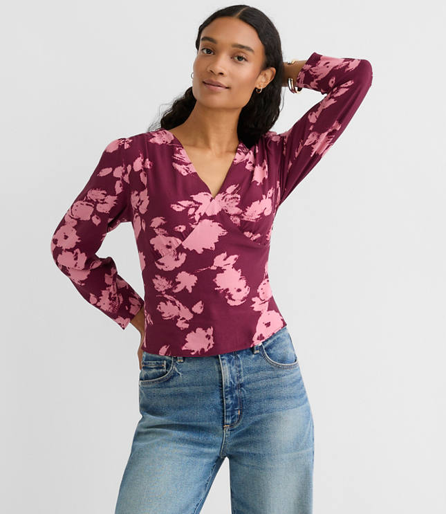 Petite Floral Smocked V-Neck Blouse