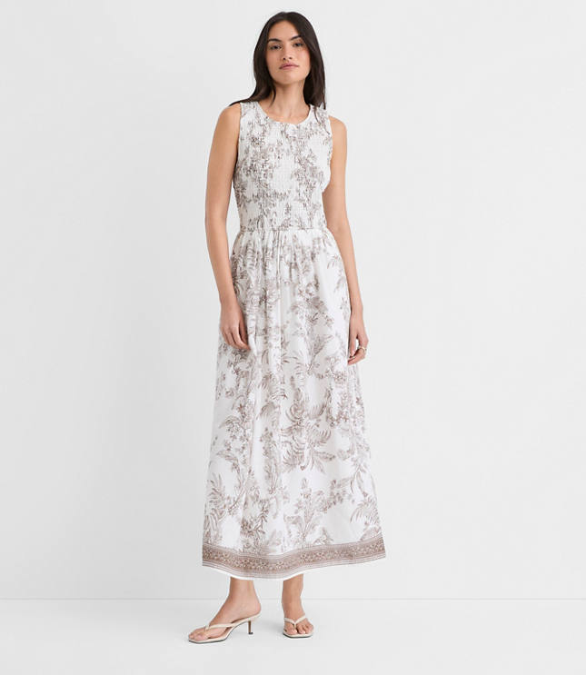 Floral Toile Smocked Midi Pocket Dress