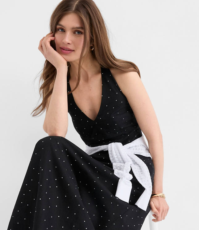 Dotted Linen Cotton Midi Pocket Halter Dress