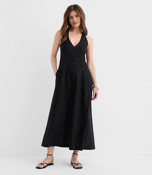 Dotted Linen Cotton Midi Pocket Halter Dress