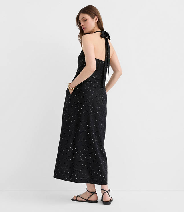 Dotted Linen Cotton Midi Pocket Halter Dress