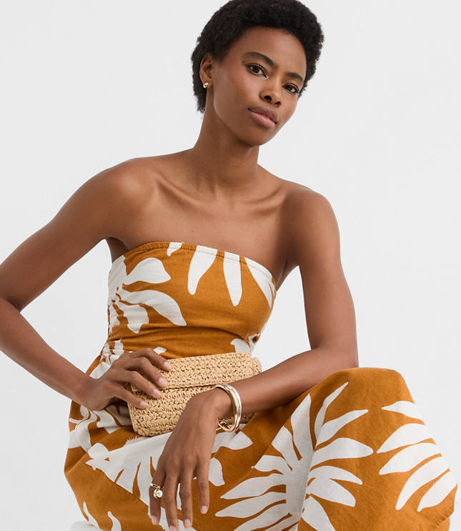 Petite LOFT Beach Floral Side Ruched Linen Cotton Strapless Maxi Dress