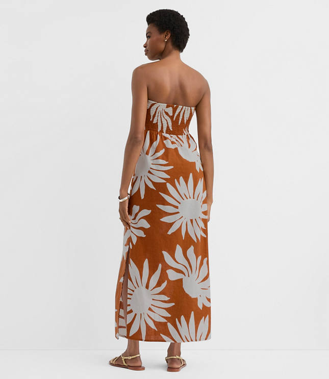 Petite LOFT Beach Floral Side Ruched Linen Cotton Strapless Maxi Dress
