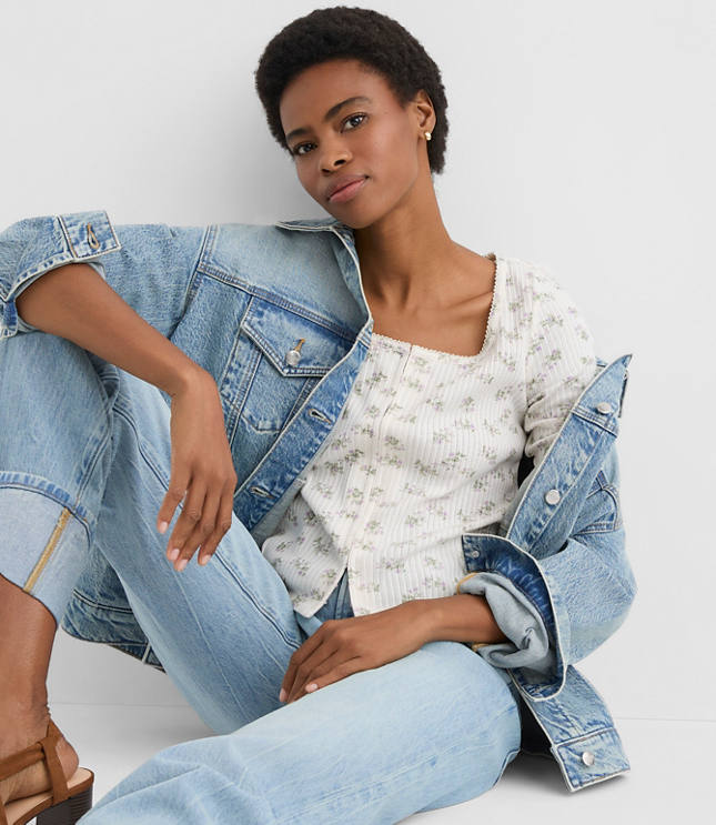 Petite Floral Scalloped Ribbed Square Neck Cardigan