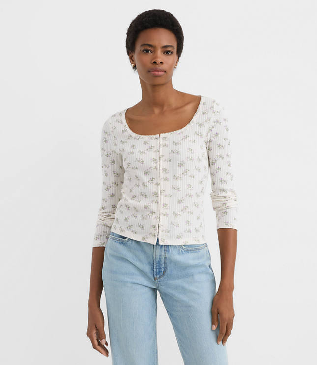 Petite Floral Scalloped Ribbed Square Neck Cardigan