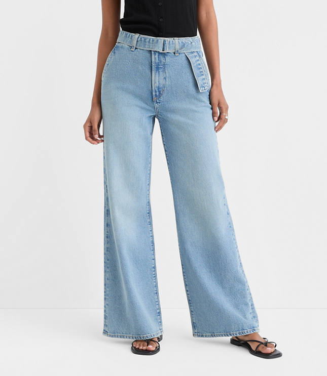 Rivete Curvy Belted High Rise Wide Leg Jeans in Light Wash
