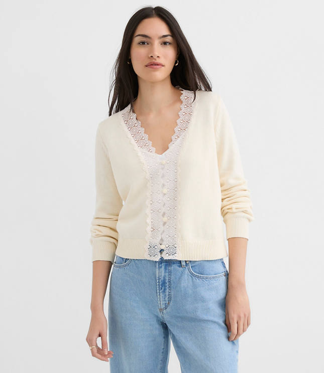 Petite Lace Trim V-Neck Cardigan