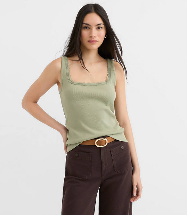 Petite Lace Trim Perfect Ribbed Square Neck Tank Top