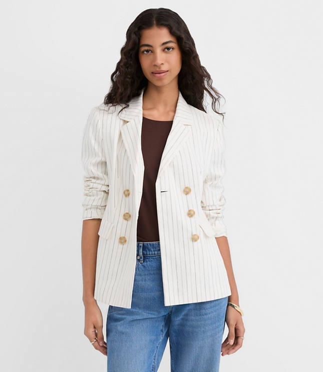 Tall Pinstripe Cotton Linen Double Breasted Blazer