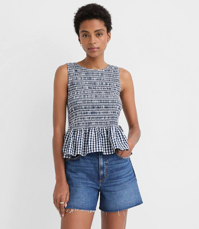 Gingham Poplin Side Tie Smocked Peplum Shell carousel Product Image 1