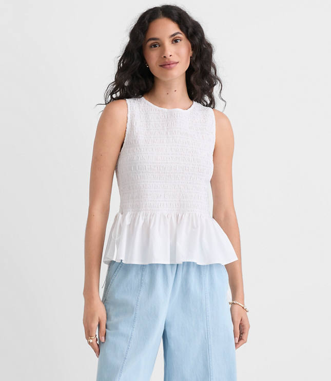 Poplin Side Tie Smocked Peplum Shell carousel Product Image 1