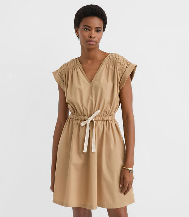 Poplin Shirred Tie Waist Mini Dress