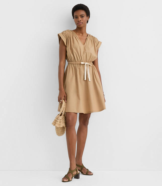 Poplin Shirred Tie Waist Mini Dress