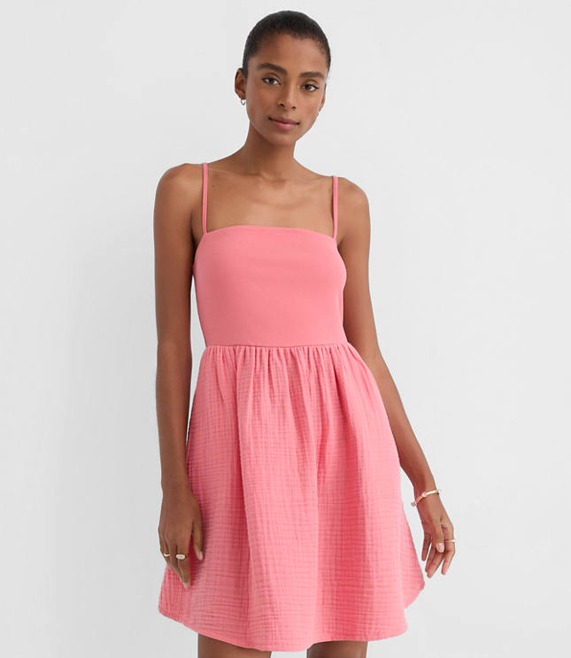 Petite LOFT Beach Triple Cloth Mixed Media Mini Pocket Dress