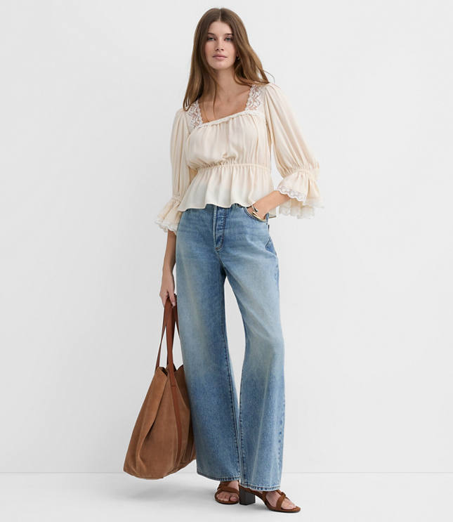 Floral Lace Trim Peplum Top