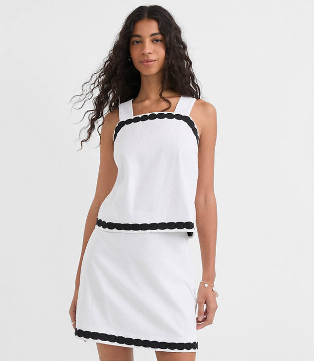 Scalloped Linen Cotton Square Neck Shell