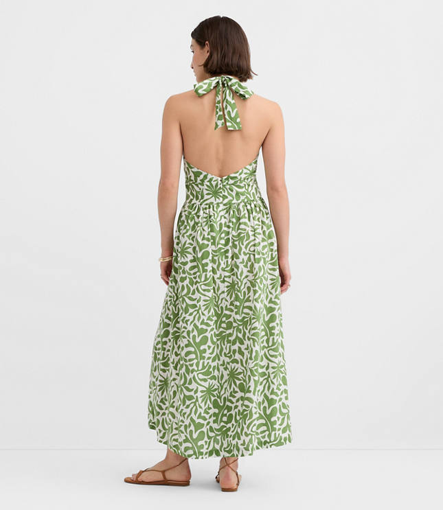 Petite LOFT Beach Palm Linen Cotton Halter Maxi Dress