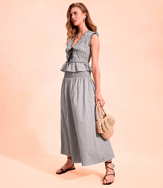 Plaid Smocked Midi Skirt