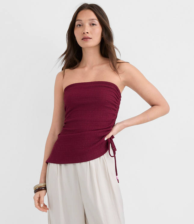 Beaded Ruched Asymmetric Strapless Top