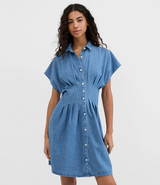 Chambray Pleated Mini Pocket Shirtdress