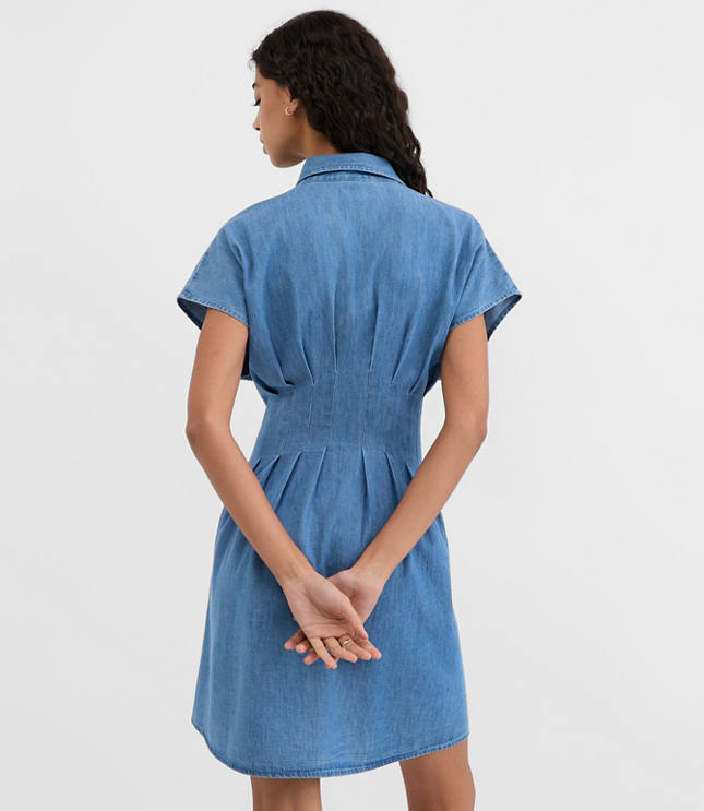 Chambray Pleated Mini Pocket Shirtdress