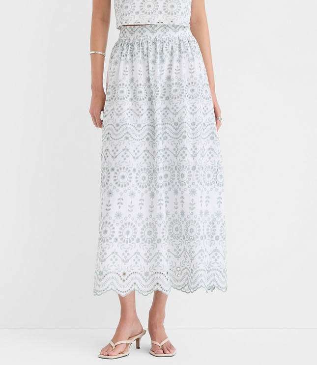 Scalloped Eyelet Poplin Midi Skirt