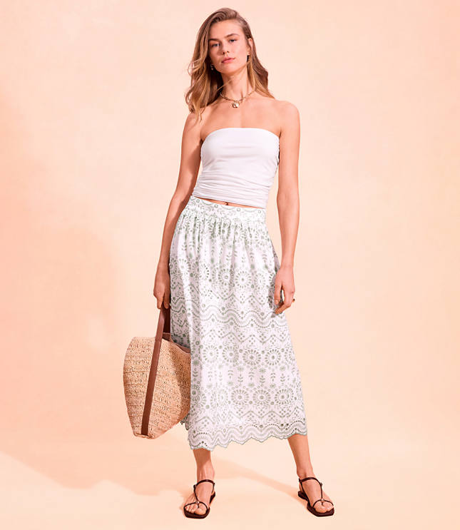 Scalloped Eyelet Poplin Midi Skirt