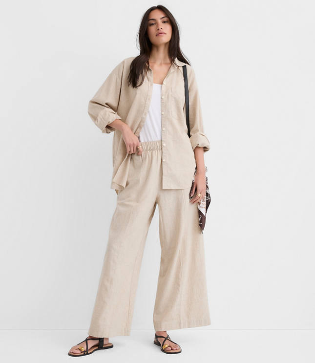 Breezy Wide Leg Crop Pants Crosshatch Linen Cotton