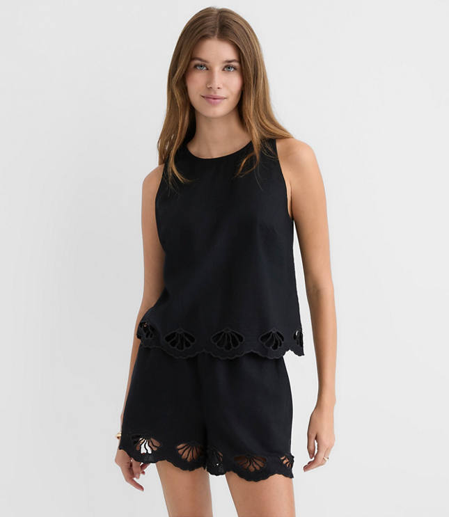 Petite LOFT Beach Seashell Embroidered Linen Cotton Tank Top