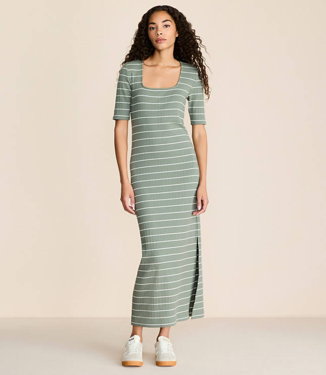 Petite Lou & Grey Stripe Ribbed Maxi Elbow Sleeve Dress