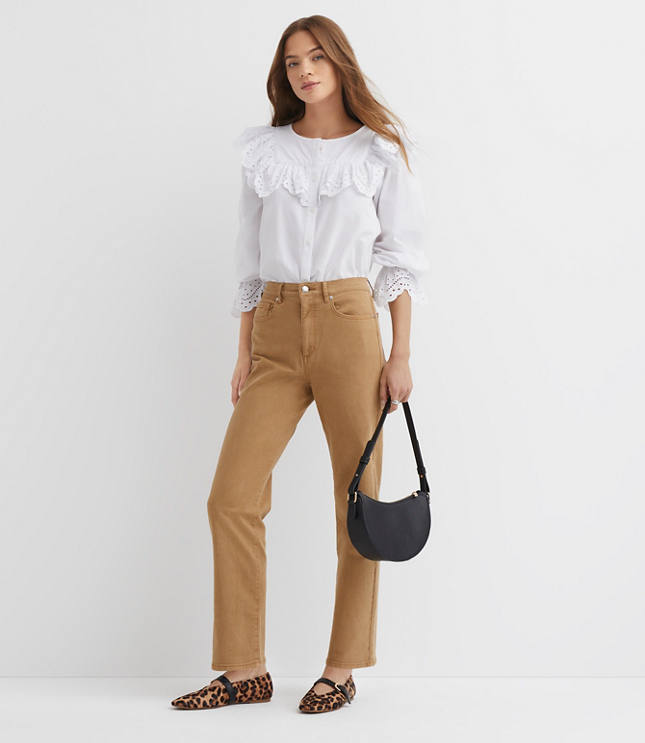 Petite High Rise Straight Jeans Cashew Tan