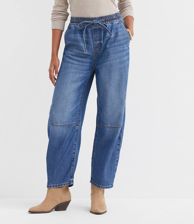 Pull On High Rise Barrel Jeans in Vintage Light Indigo Wash