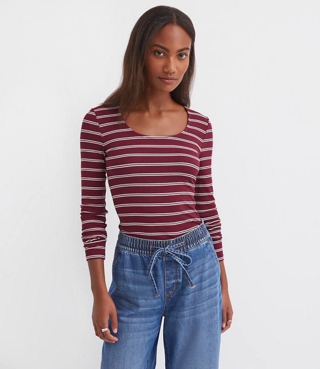 Stripe Ribbed Scoop Neck Long Sleeve Tee