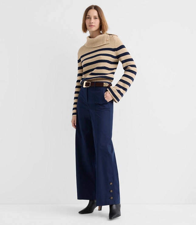 Side Button Wide Leg Pants in Twill
