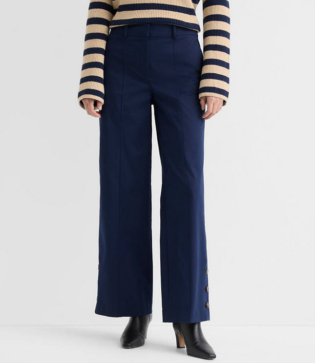 Side Button Wide Leg Pants in Twill