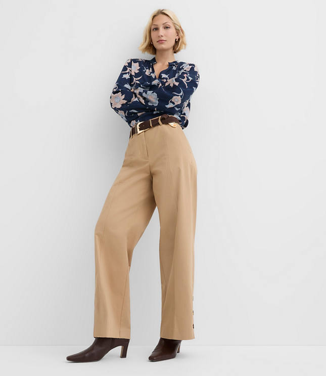 Side Button Wide Leg Pants in Twill