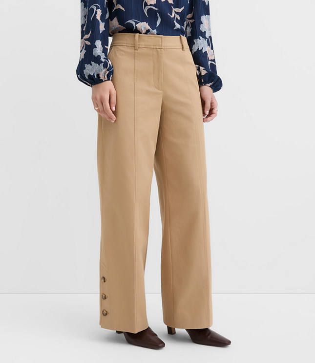 Side Button Wide Leg Pants in Twill