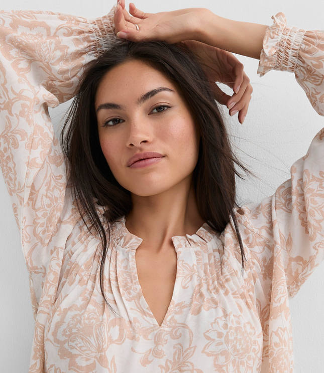 Petite Floral Pintucked Ruffle Mixed Media Blouse