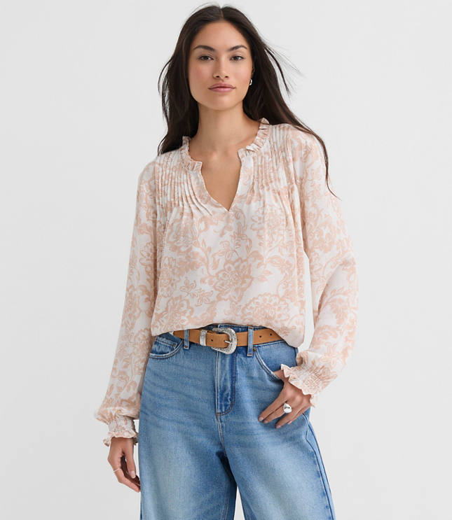 Petite Floral Pintucked Ruffle Mixed Media Blouse