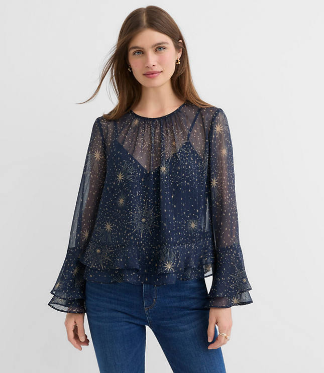 Petite Celestial Shimmer Ruffle Peplum Blouse