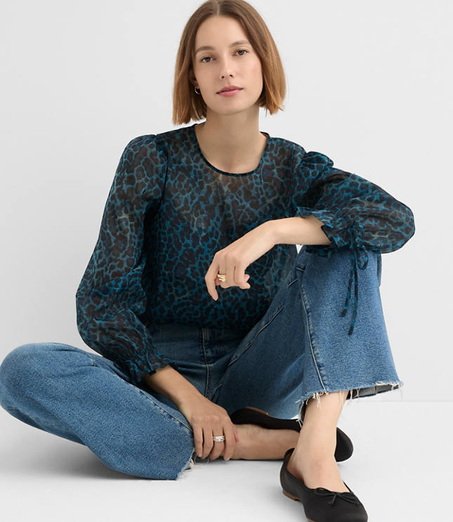 Petite Leopard Print Ruffle Tie Cuff Blouse